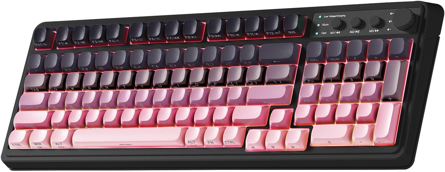 AULA 99 Key Keyboard, Wireless Pink Gaming Keyboard Creamy with Number Pad | Membrane Keyboard,RGB Backlit,Tri-Mode BT/2.4GHz/USB-C,2000mAh Rechargeable Thocky Clicky Creamy Sound Computer Keyboards