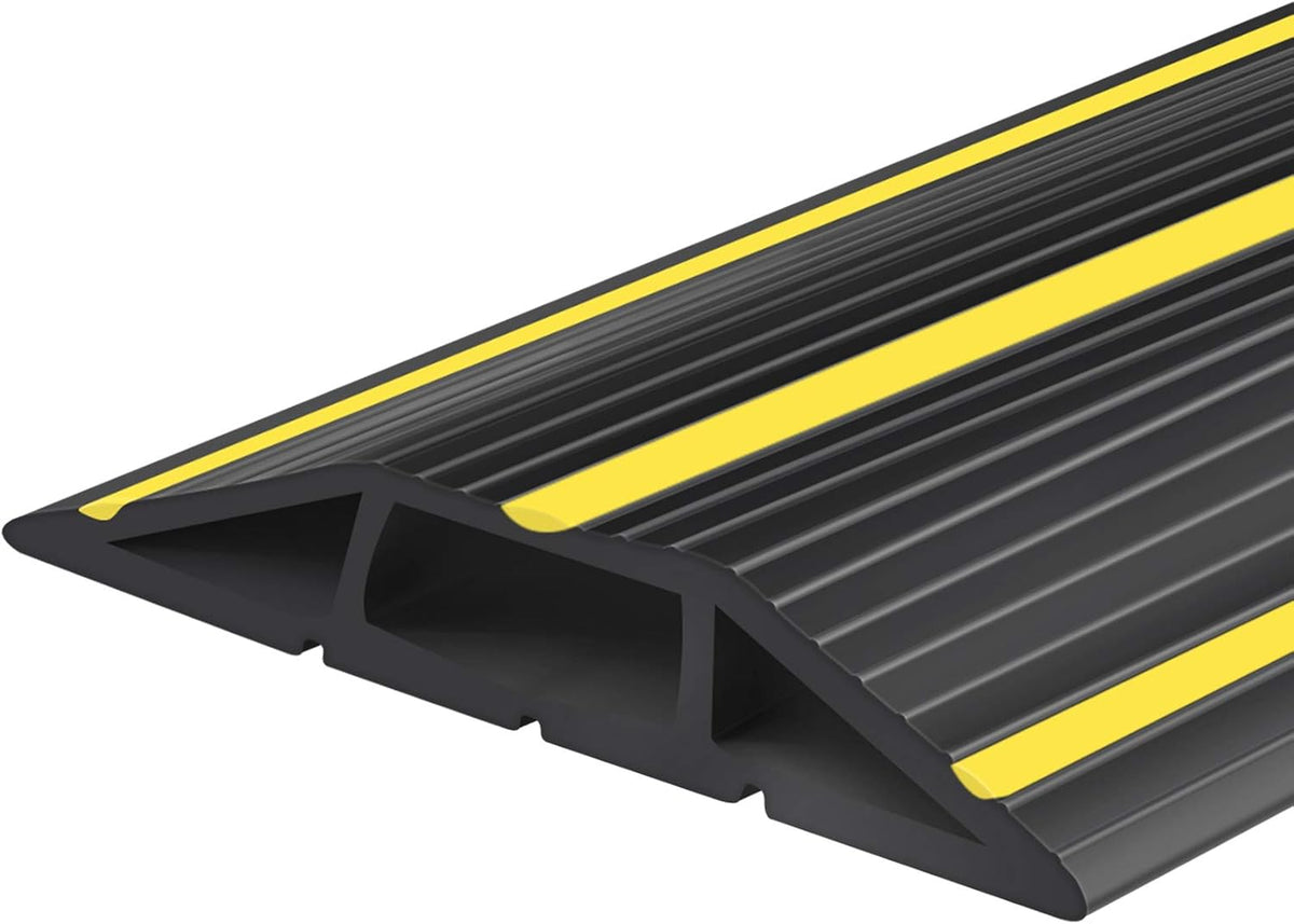 10Ft Cord Covers for Wires on Floor, 3-Channel PVC Floor Cable Cover for Small to Medium Wires, Anti-Slip Base with Yellow Warning Stripes, Indoor Floor Cord Cover for Home Office Events