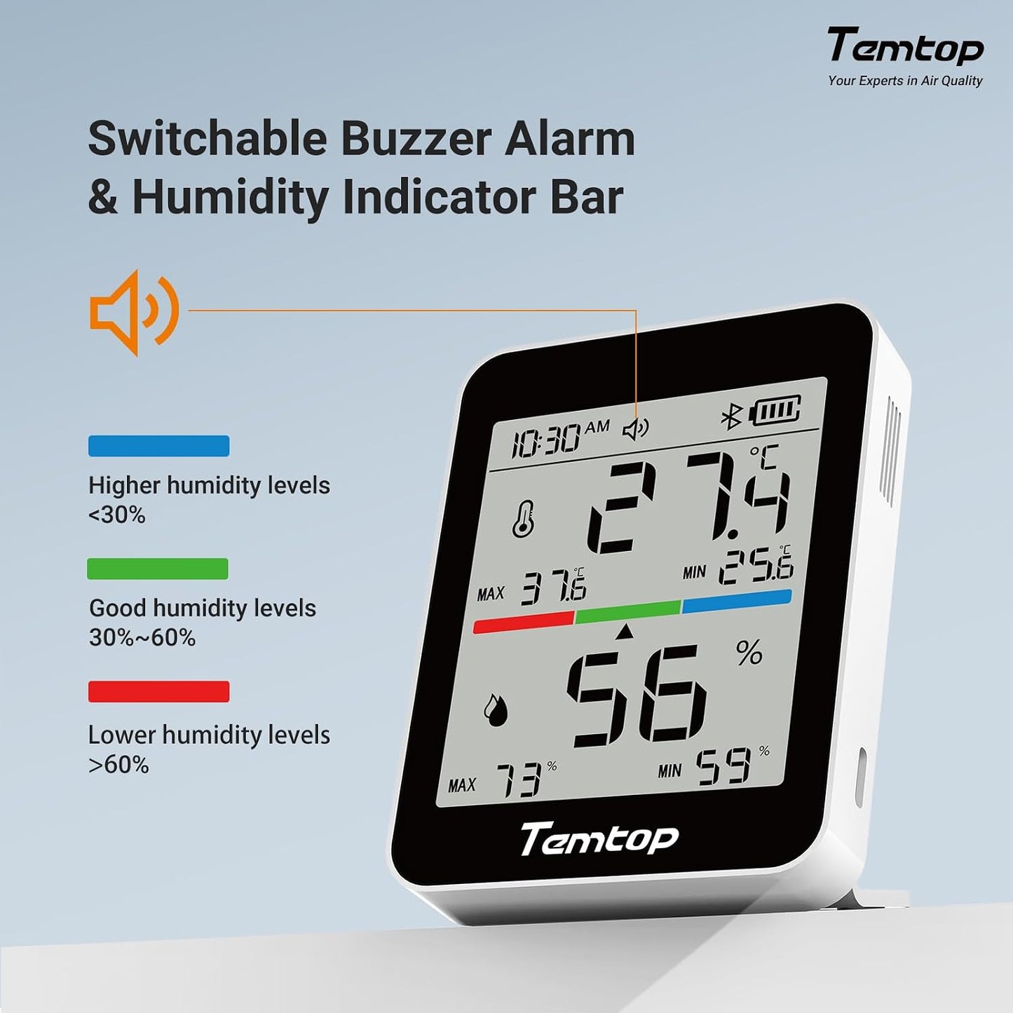 Temtop T1 Bluetooth Indoor Thermometer Hygrometer for Room Temperature | Humidity Notification Alerts, Data Export, Digital Gauge for Home, Office, Greenhouse, Garage, Nursery, Gift