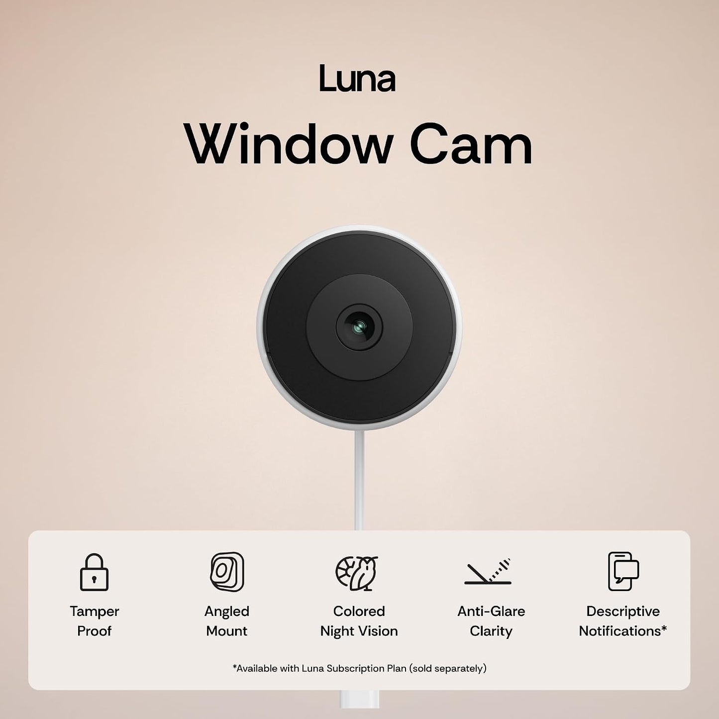 Luna Window Camera, 2K Dual-Band WiFi6 Wired Indoor Security Camera | Smart AI Motion Detection, Color Night Vision, Stick-On Angled Glass Mount, Easy Installation Camera for Home Security