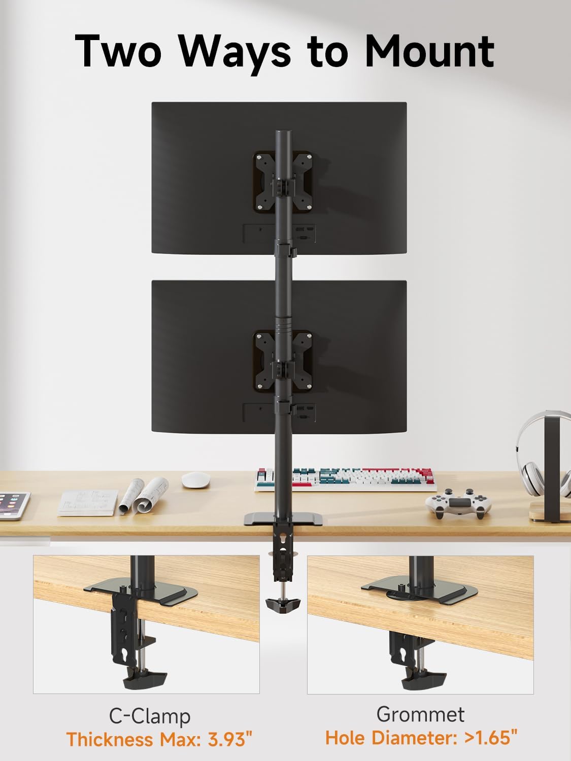 Bracwiser Dual Vertical Fully Adjustable Monitor Arm Stand Mount Fits Two Screen 13-32 inch 22lbs for Monitor Computer Screen 13 15 17 19 20 22 23 24 26 27 32 inch VESA 75 100 (MD7802)