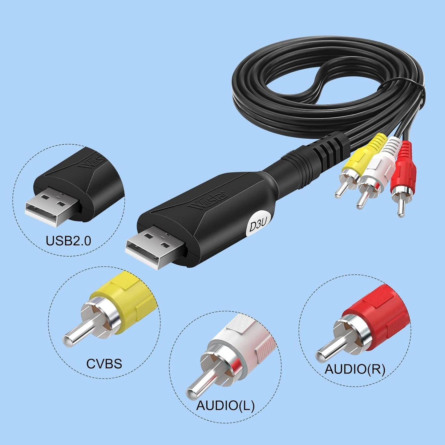Wiistar USB Audio Video Capture Card VHS VCR to Digital Converter | RCA AV to USB Video Capture Device Cable USB 2.0 Video Capture Card Video Grabber for Windows PC