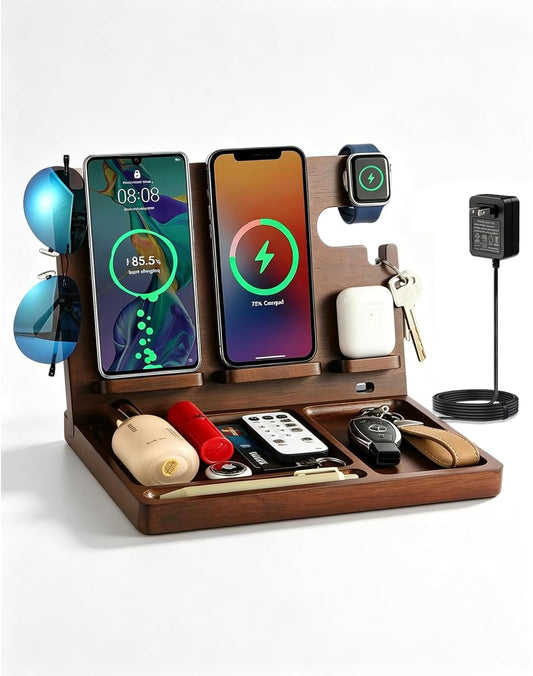 Wood Phone Docking Station Nightstand Organizer for Men 27W 2 Phone Wireless Charging Station with 4 Wireless Charger Stand for iPhone Apple Watch AirPod Mens Birthday Gift Ideas Key Holder