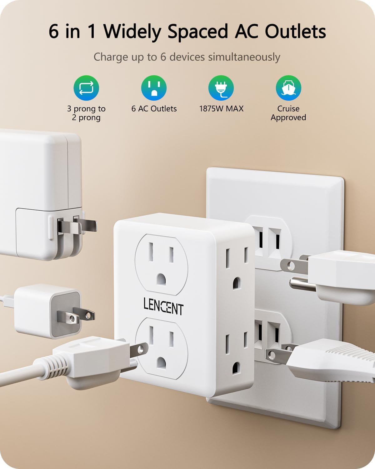 LENCENT 2 to 3 Prong Outlet Adapter, 2 Prong Plug Adapter, 6 Widely Spaced | Outlets Extender, 3-Sided Wall Plug Splitter, 1875W Max, Compact Wall tap for Non-Grounded Outlets in Old House Hotel Dorm