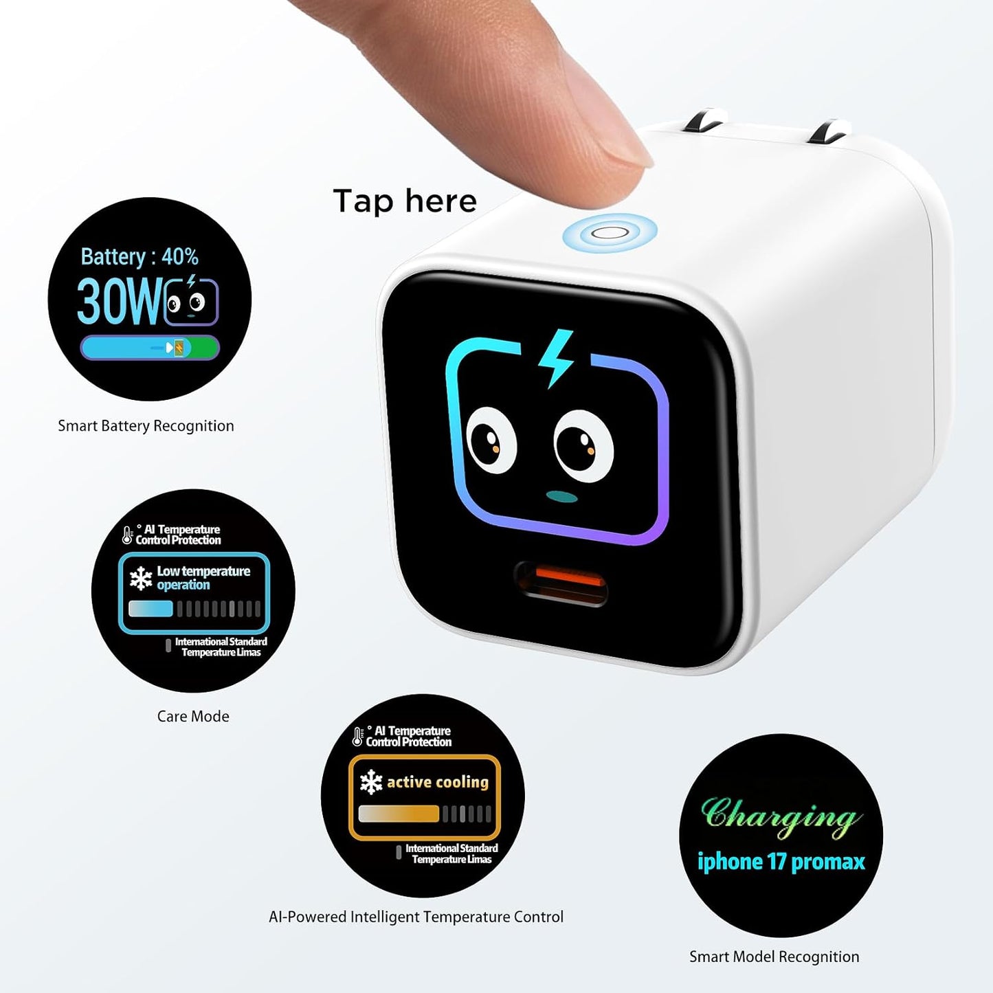 Smart Charging Butler–45W GaN Display Fast Charger with 6.6ft C-to-C Cable | Fast Charging,Active cooling,90° Foldable Plug,Real-Time Power Display,Smart Device Recognition,Care Mode,for iPhone 17/16/15