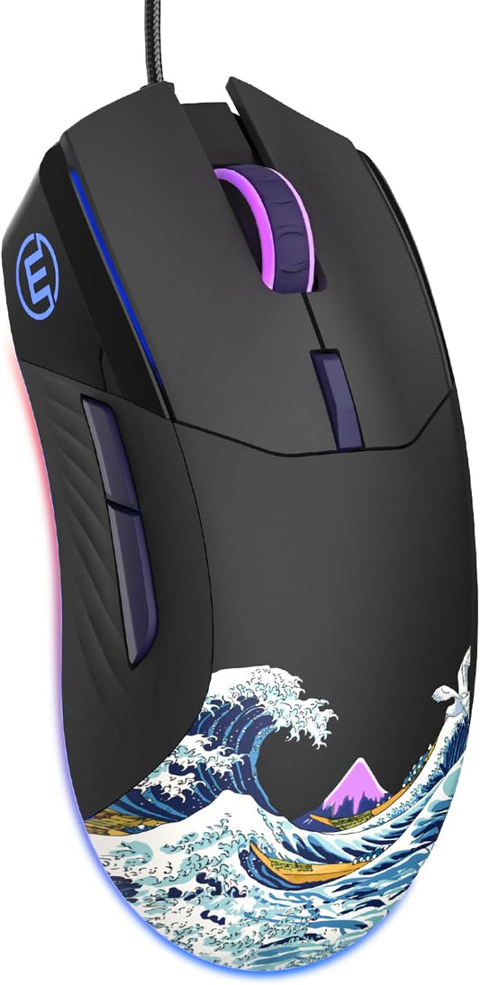 COSTOM Womier USB Wired Gaming Mouse for PC Computer Windows Mac Laptop | Lightweight Silent RGB Backlit Mouse with Adjustable 12000DPI/7 Programmable Side Buttons, Black Kanagawa Theme-G705 V2