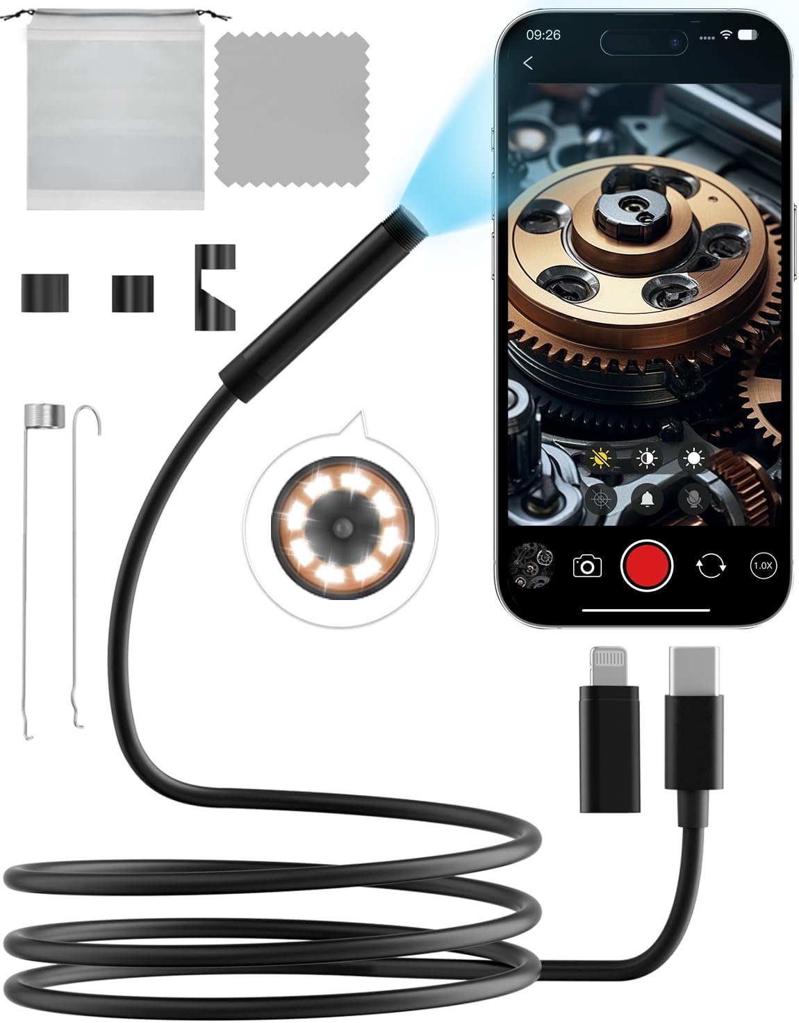 Endoscope Camera with Light,1920P HD Endoscope with 5.9ft Semi-Rigid,Endoscope Camera with 8 Adjustable LED Lights,7.9mm IP67 Waterproof
