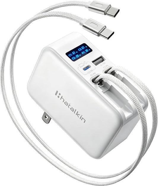 HATALKIN 67W Retractable USB-C Wall Charger, 4-in-1 with Dual USB-C Cables | Smart Display Charger,Fast Charging,Retractable Charger,Foldable Plug,Multi-Device,Travel Use,For Mac/iPhone/Samsung, Light