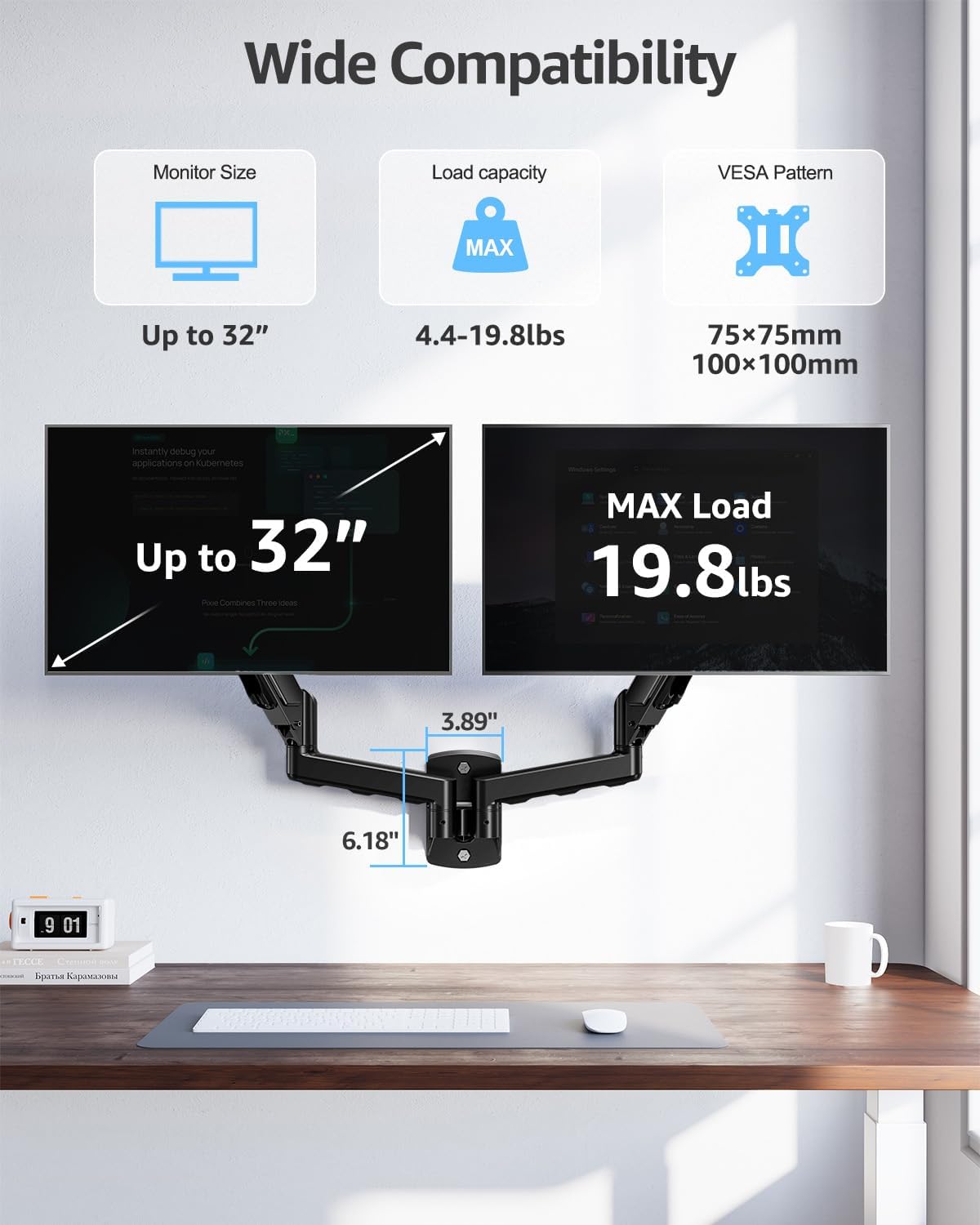 MOUNTUP Dual Monitor Wall Mount for 2 Max 32 Inch Computer Screen, Fully Adjustable Double Monitor Arm, Wall Mounted Monitor Holder Support 4.4-19.8lbs Display, VESA Bracket 75x75, 100x100