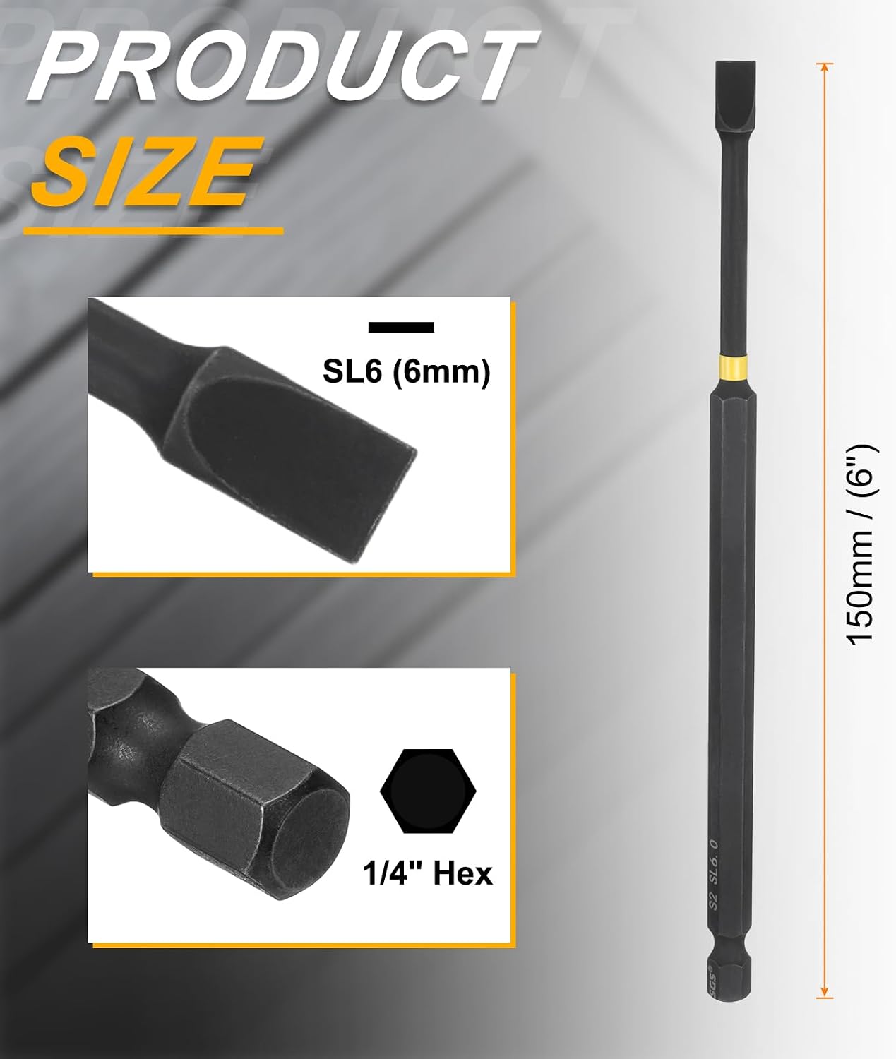 HARFINGTON 5pcs SL6 Slotted Impact Screwdriver Bits 6mm Slotted Tip 1/4" Hex Shank 150mm (6") Long Magnetic Flat Head Phosphated S2 Steel Screw Driver Drill Bits Electric Power Tool