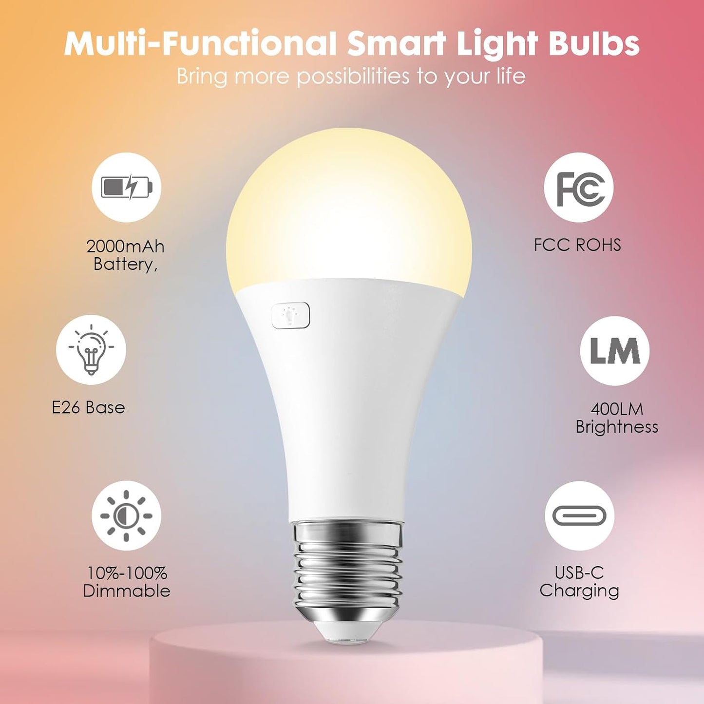 2Pack E26 Rechargeable Light Bulbs with Remote, A19 40W Equivalent Bulb, Soft Warm White 2700K, 400LM Dimmable 5W LED Light Bulb with 15 Colors 3 Timer for Non-Wired Lamp Sconce, Touch, Remote Control