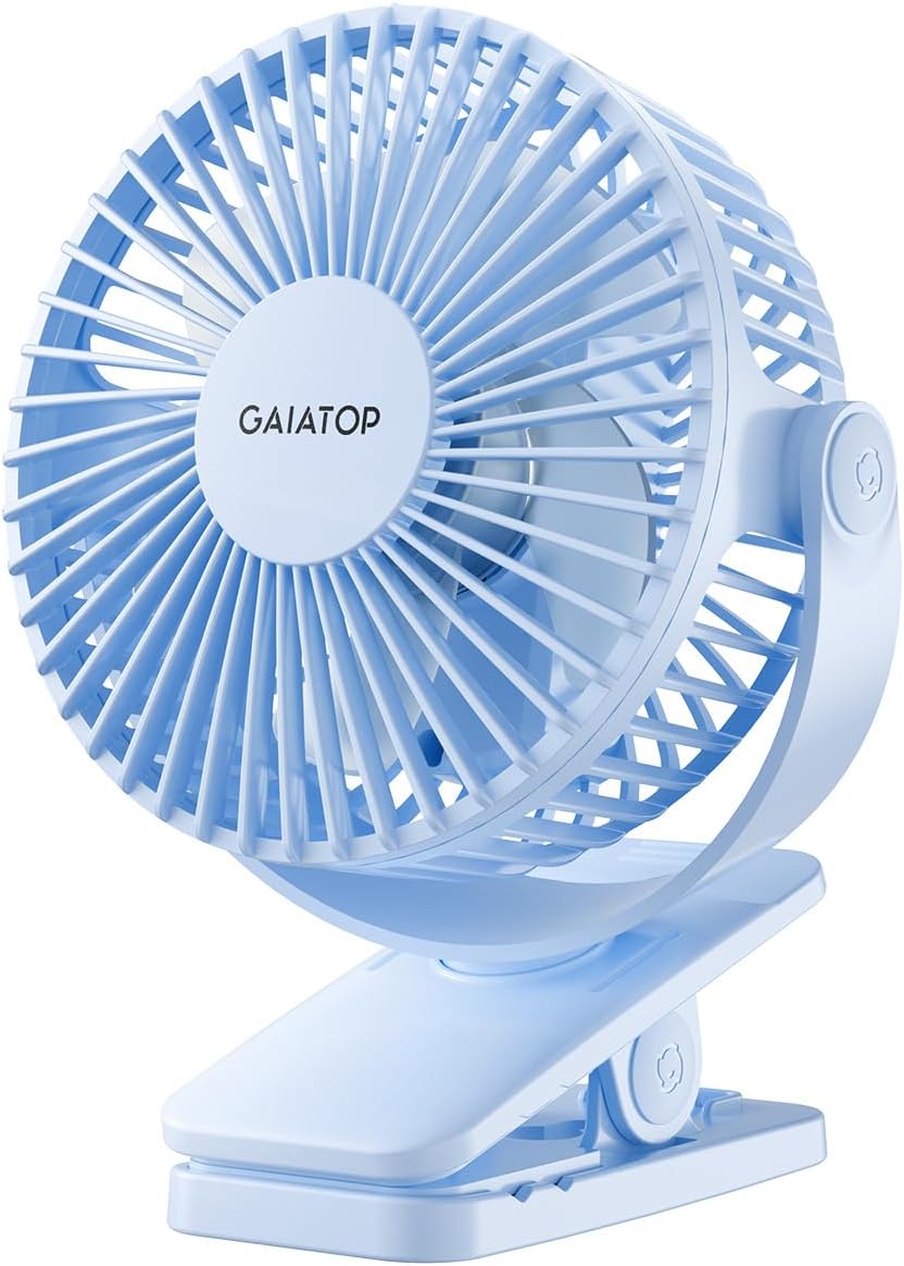 Gaiatop Portable Clip on Fan, Mini Personal Quiet Rechargeable Fan | Battery Operated, Small 3 Speed 360° Rotate, Cooling for Desk Table Home Office Stroller Camping Women Gifts Light Blue