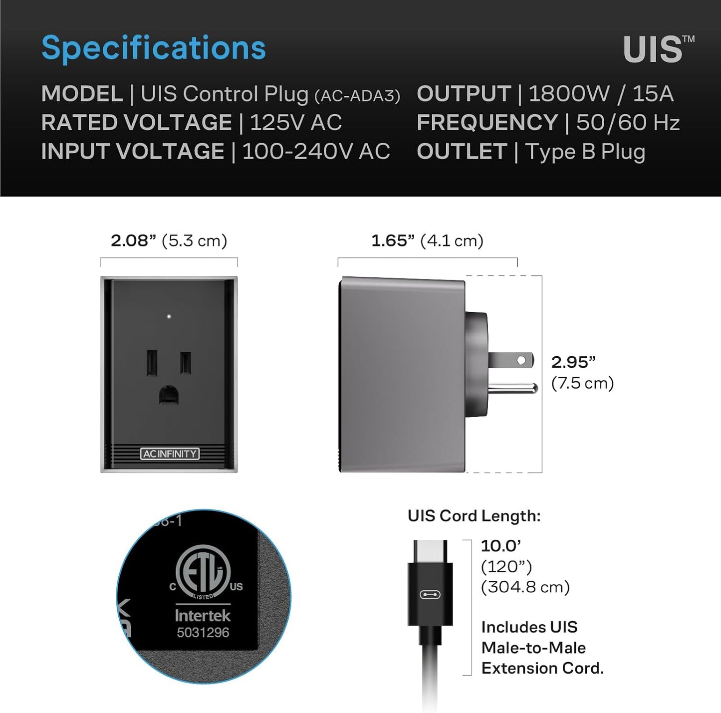 AC Infinity UIS Control Plug Outlet Adapter | Designed to Connect UIS Smart Controllers to Outlet Devices