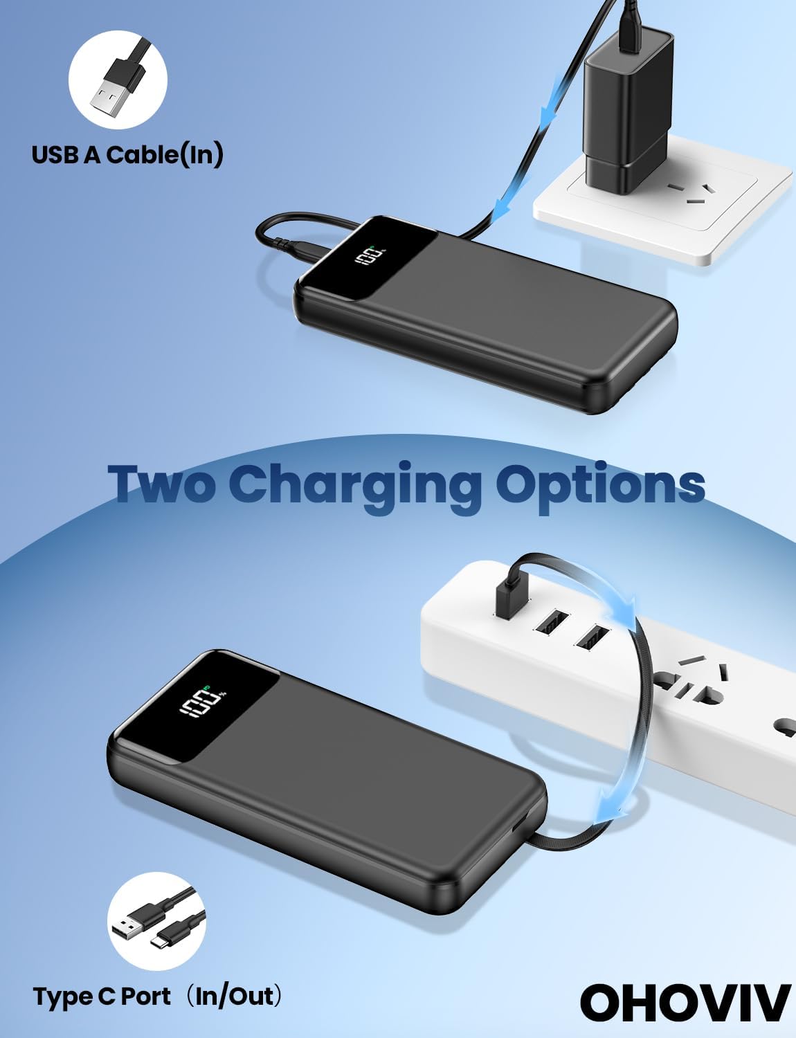 OHOVIV 50000mAh Power Bank, PD22.5W Portable Charger with 4 Built-in Cables | Power 6 Devices at Once,Fast Charging,Travel Camping Must-Have,USB-C Battery Pack for iPhone 17/16/15 Samsung Android,Dark