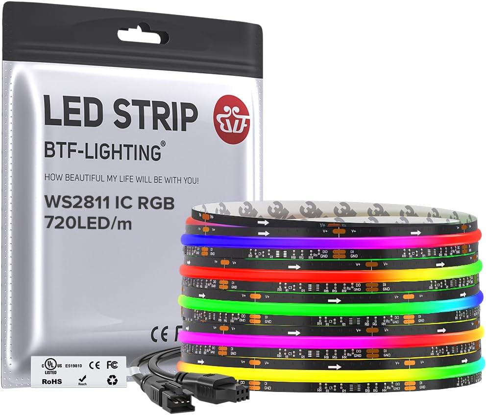 BTF-LIGHTING WS2811 Smart IC RGB FCOB COB LED Strip, UL Listed 720LEDs/m High Density Color Chasing Uniform Light, DC12V 16.4FT 12mm Width Black PCB for Home Party DIY Decor(No Adapter or Controller)