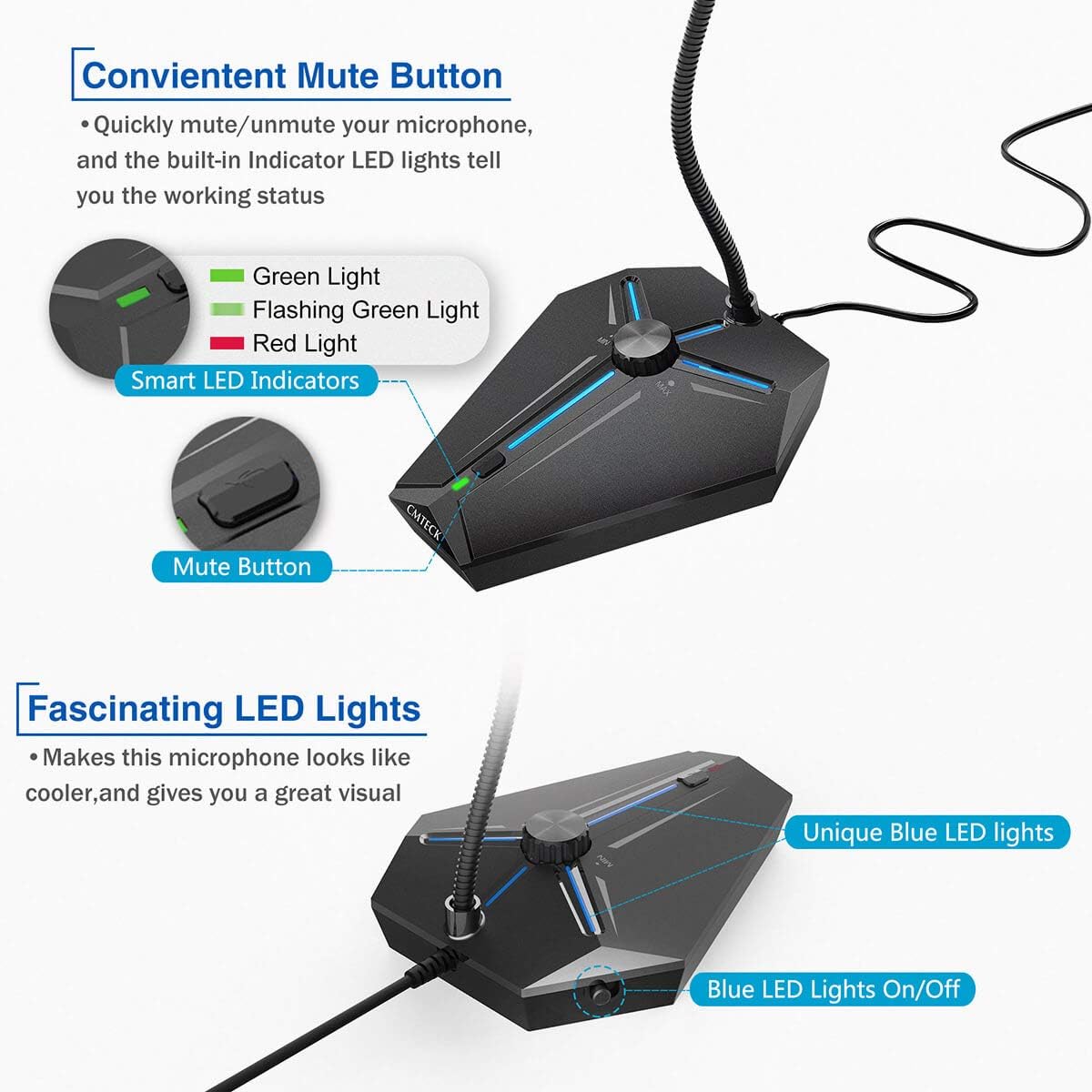 CMTECK USB Computer Microphone, Plug & Play, RGB Light for PC, Laptop