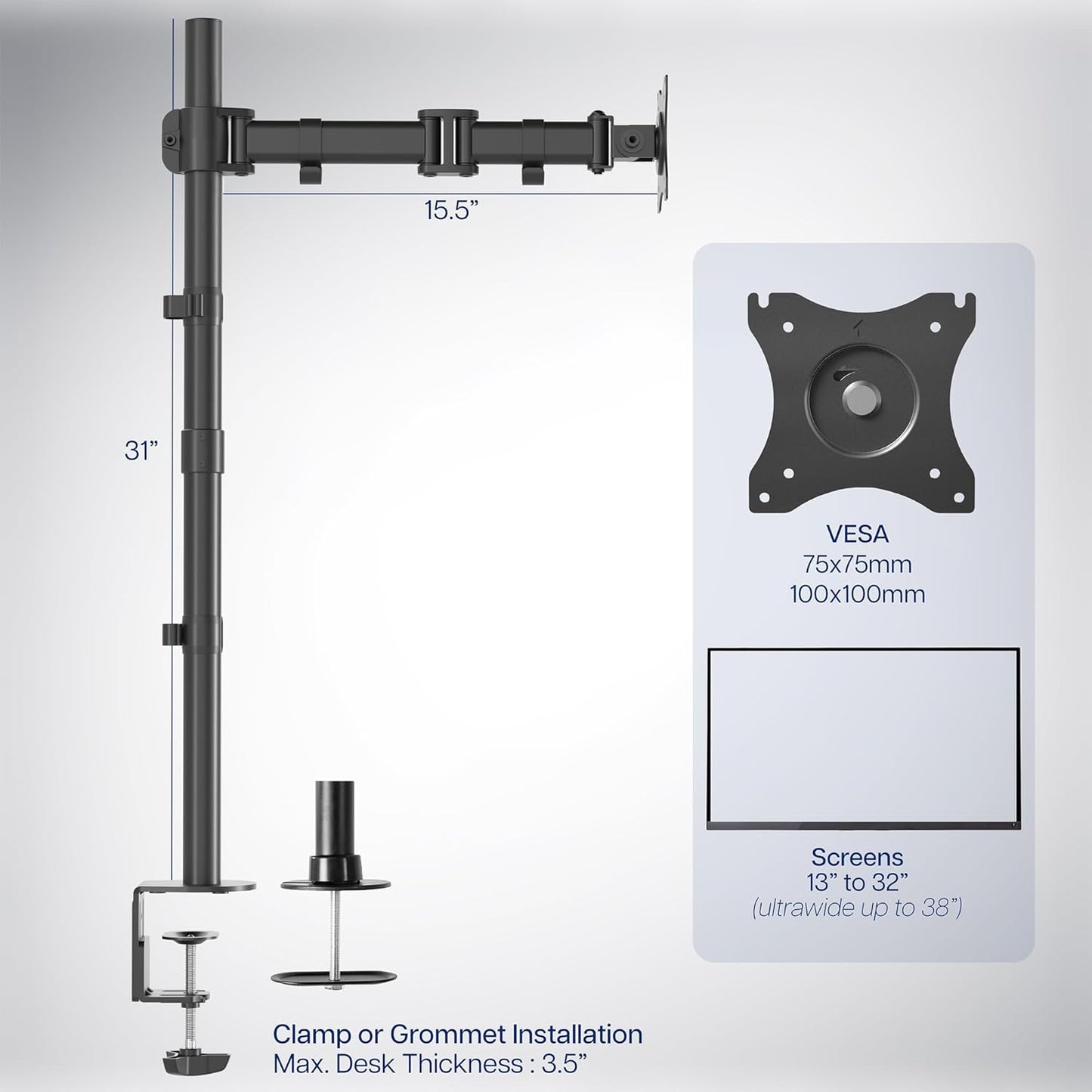 VIVO Single Monitor Desk Mount, Extra Tall Fully Adjustable Stand for 1 LCD Screen up to 32 inches, Ultra Wide Screens up to 38 inches, 22 lbs Capacity, STAND-V001T
