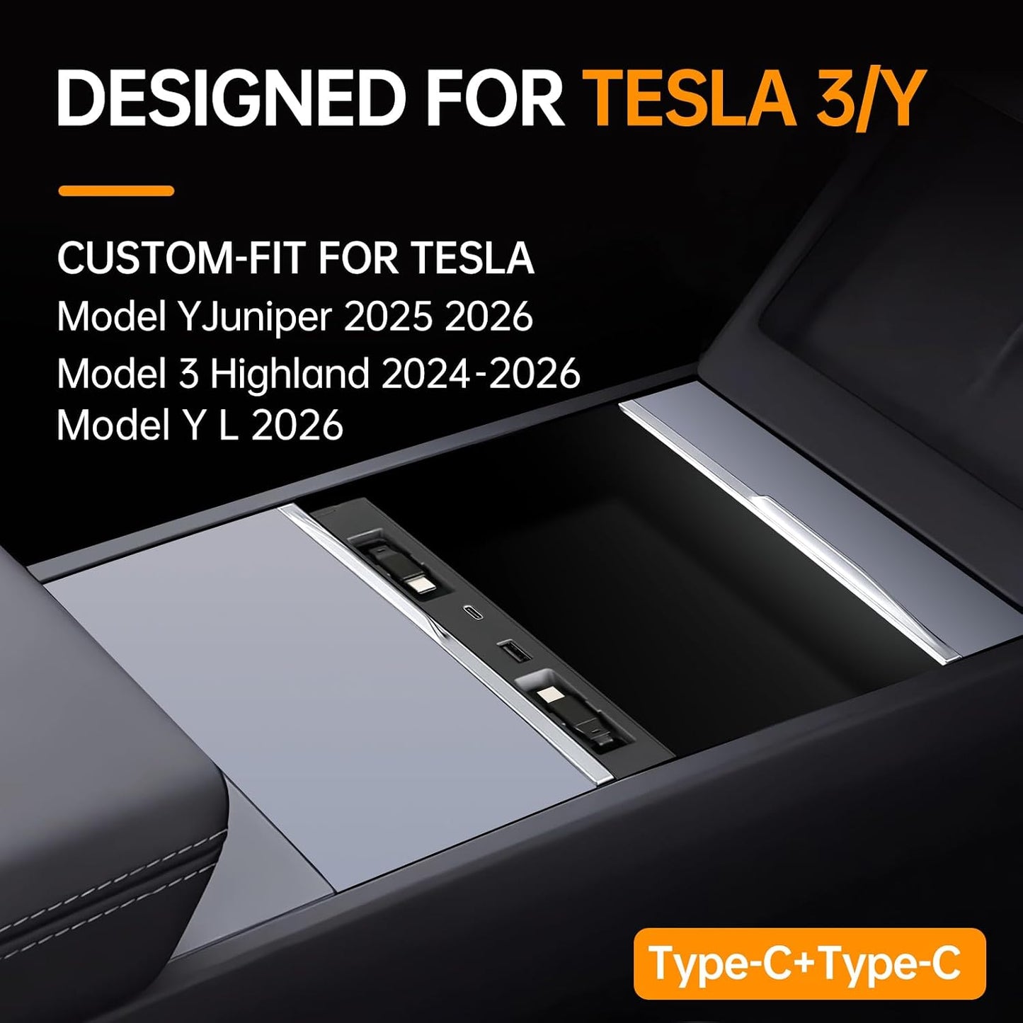USB Hub for Tesla Model Y Juniper 3 Highland Y L with Dual Type-C | Fits Model Y Juniper 2025 2026 Model 3 Highland 2024-2026 Y L, 117W 4-in-1 Center Console Docking Station with Sunken Design