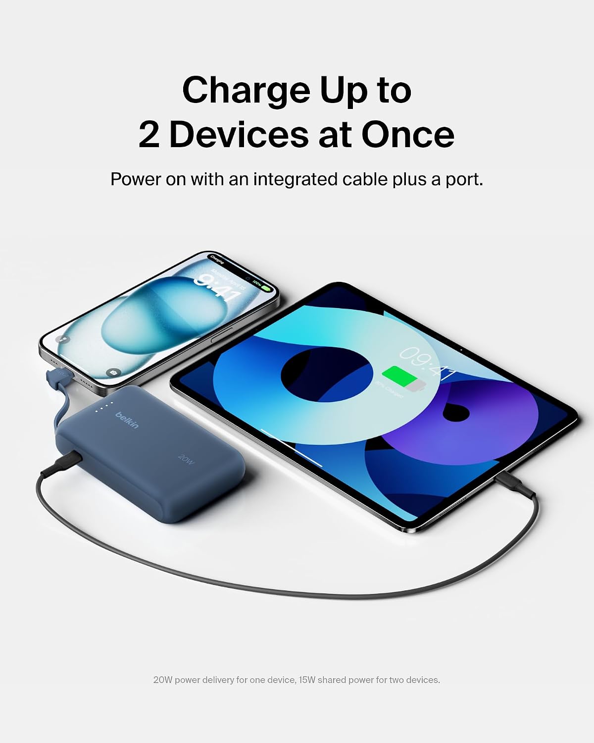 Belkin 10000mAh 20W USB C Power Bank, Portable Charger for iPhone &amp; iPad | Fast Charging, Integrated USB C Cable, Eatra USB C Port, iPhone 17, iPad, Samsung Galaxy S26, Charge 2 Devices