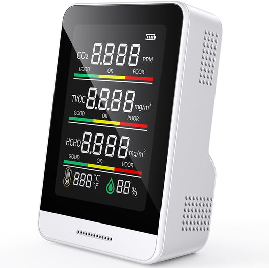 8-in-1 Indoor Air Quality Monitor – CO2 TVOC HCHO AQI Temperature Humidity Time & Air Status Display with Pocket Size Smart Monitor for Home, Car, Office, Hotel