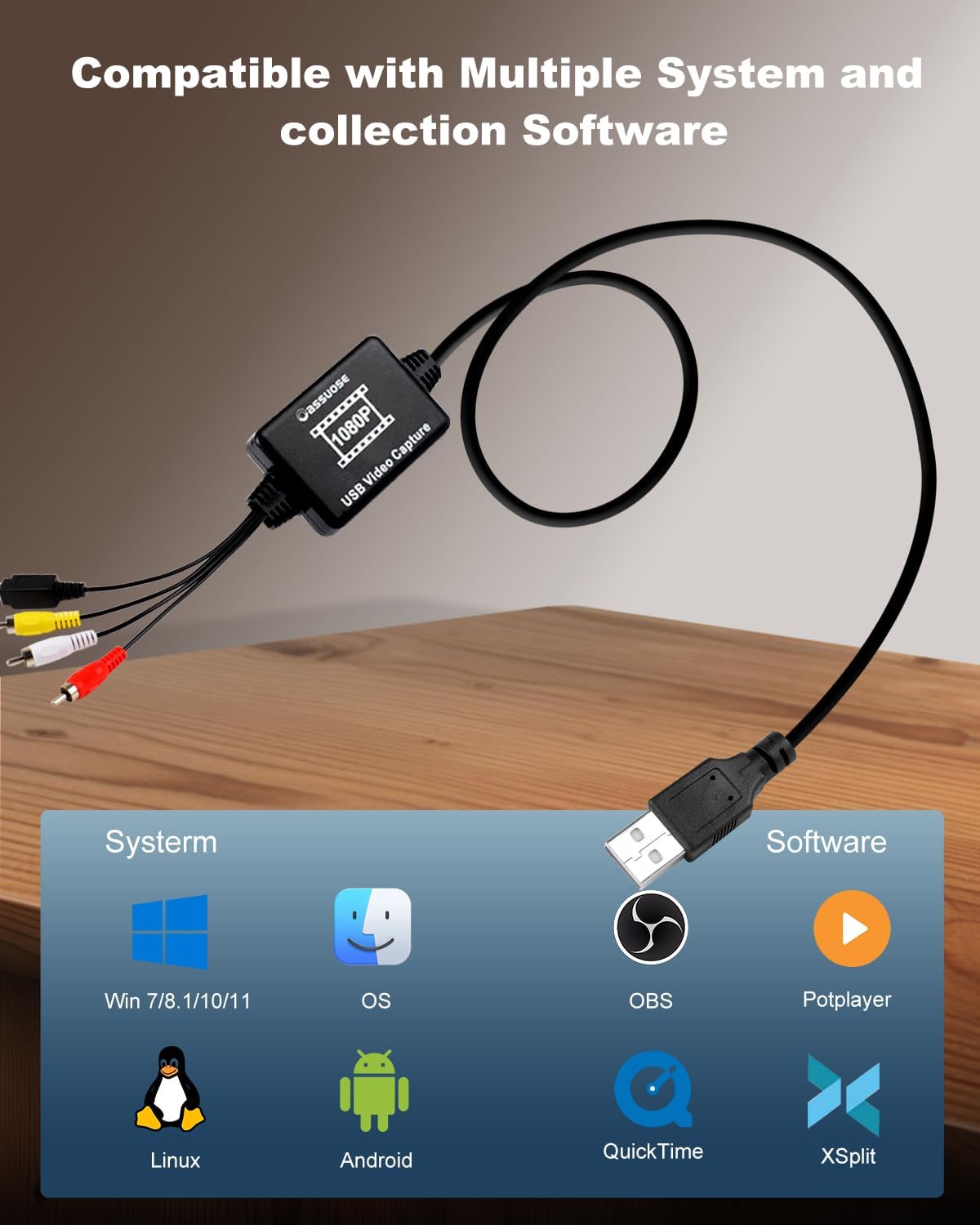 Oassuose VHS to Digital Converter,USB-A/USB-C Video 1080P Capture Card | RCA/AV to USB2.0 Audio Video Transfer Grabber,Convert Analog VHS VCR Hi8 Mini DV to Digital Converter,for PC DVD Tape Camera