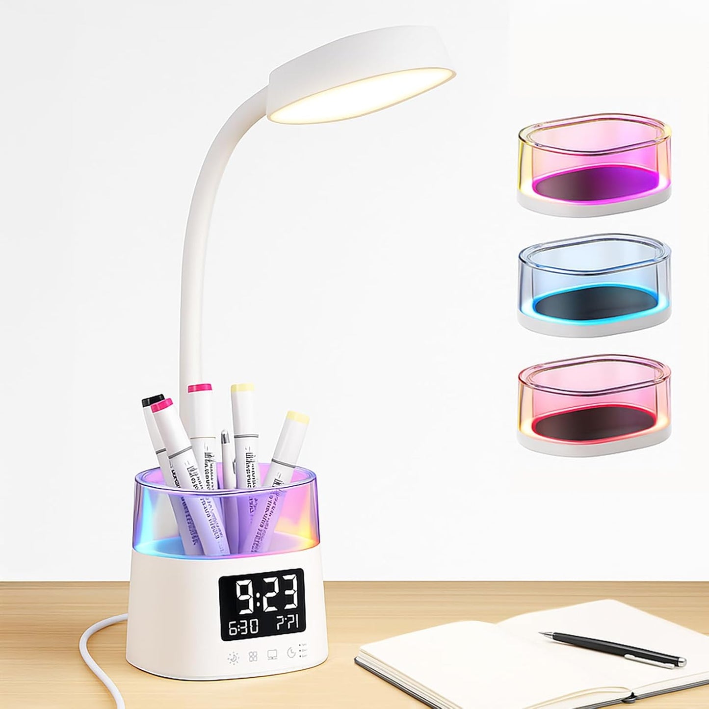 Led Desk Lamp with Pen Holder, Touch Lamps for Nightstand Eye-Caring Bedside Reading Light with Clock, Office Lamps Stepless Dimming, Lamp for Dorm Room, Suitable for Kid/Girl/Boy (Black)