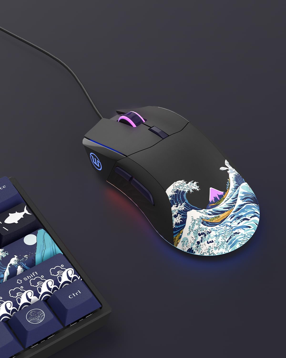 COSTOM Womier USB Wired Gaming Mouse for PC Computer Windows Mac Laptop | Lightweight Silent RGB Backlit Mouse with Adjustable 12000DPI/7 Programmable Side Buttons, Black Kanagawa Theme-G705 V2