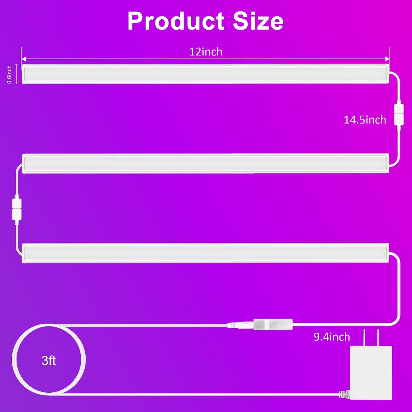 Benreom 3 Pack RGB Under Cabinet Lights with App and Remote Control | Dimmable Plug-In LED Light Bars for Kitchen Cabinets, Counters, Workbenches and Desks
