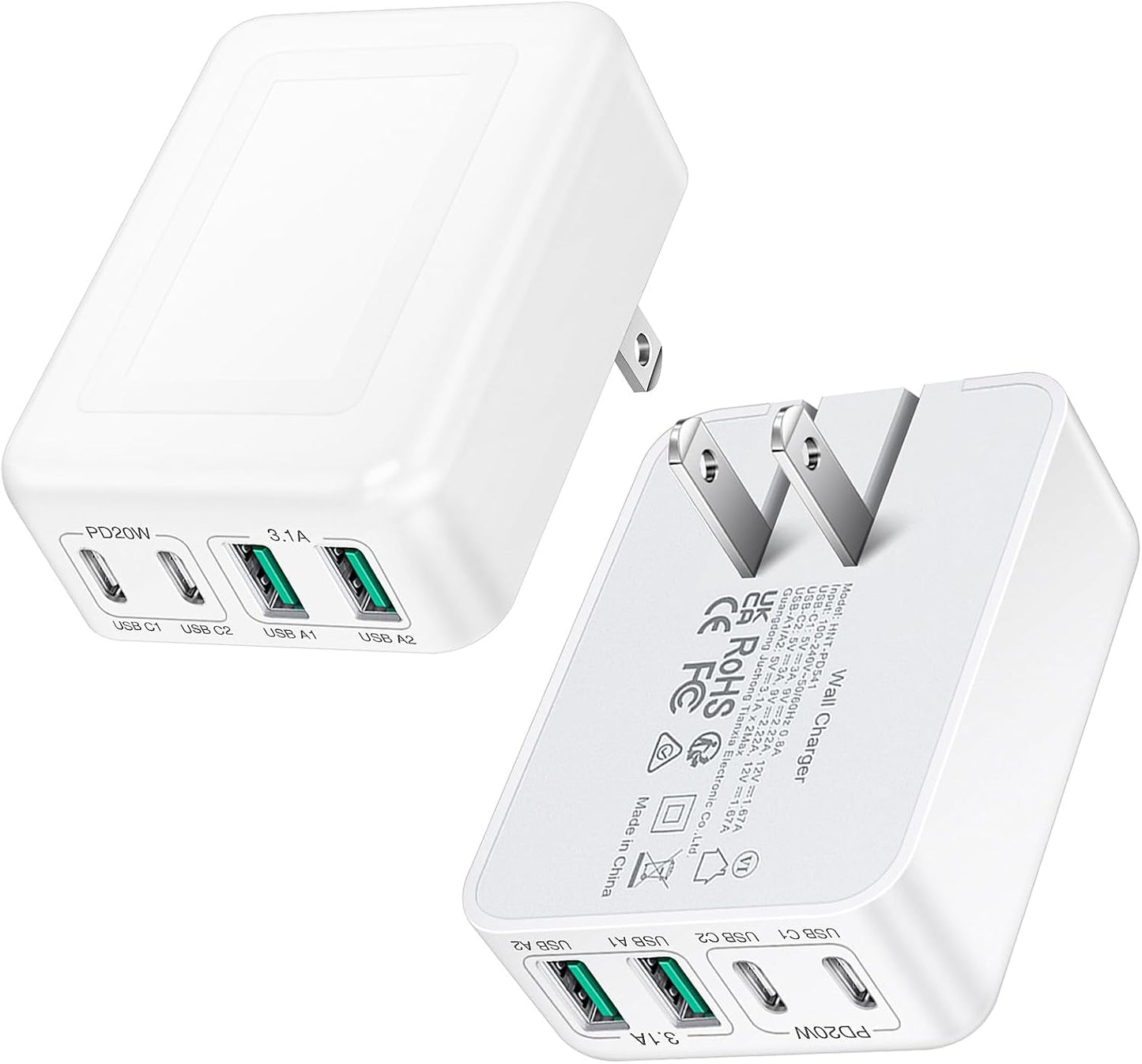 2Pack Flat USB C Charger Block, 40W 4Port Foldable+Slim Fast Charger Block | Wall Plug, Thin Type C Cube Box for iPhone 17 Pro Max 16 16e 15, Samsung S25 S24, Pixel, Tablets, Multiport Power Adapter