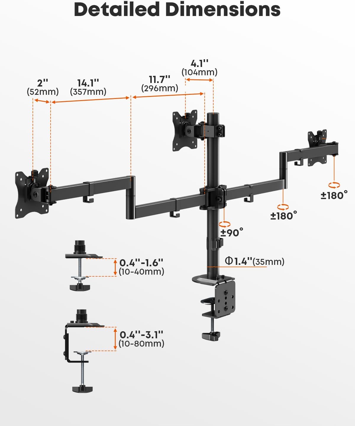 Triple Monitor Mount,Full Motion Arm Fits up to 27 inch | Three Monitor Desk Mount,Cable Management,22 lbs Weight Capacity per Arm,VESA 75/100mm,Black