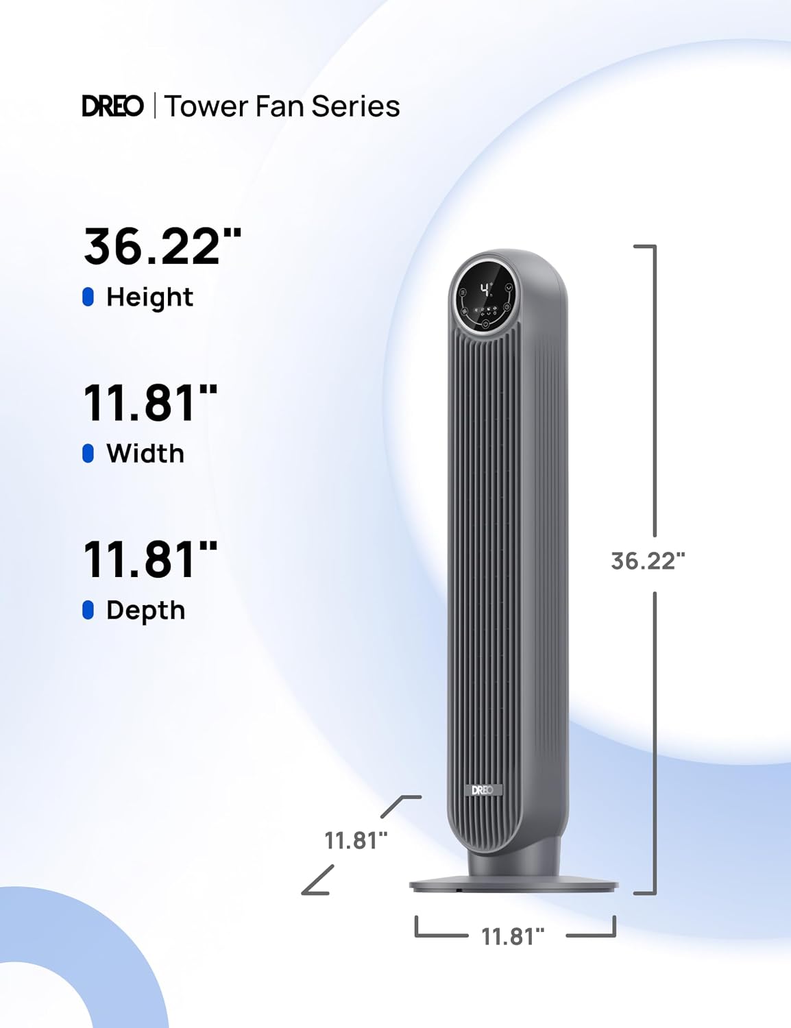 DREO Tower Fan for Bedroom, 25ft/s Velocity Quiet Floor Fan, 90° Oscillating Fans for Indoors with 4 Speeds, 4 Modes, 8H Timer, Bladeless Fan, Standing Fans, Grey, Tower Fan 307 (DR-HTF007)