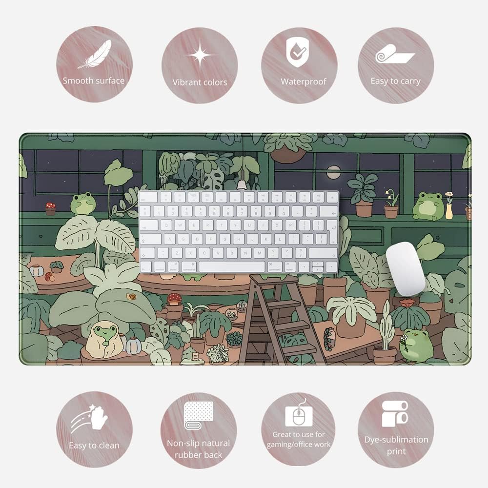 Cute Frog Mouse Pad Desk Pad Kawaii Green Desk Frog Decor Large Mouse Pad | Large Gaming Mouse Pad for Desk Computer Keyboard Laptop, Home Office Accessories for Girl (31.5x15.7 in)-with Stitched Eges