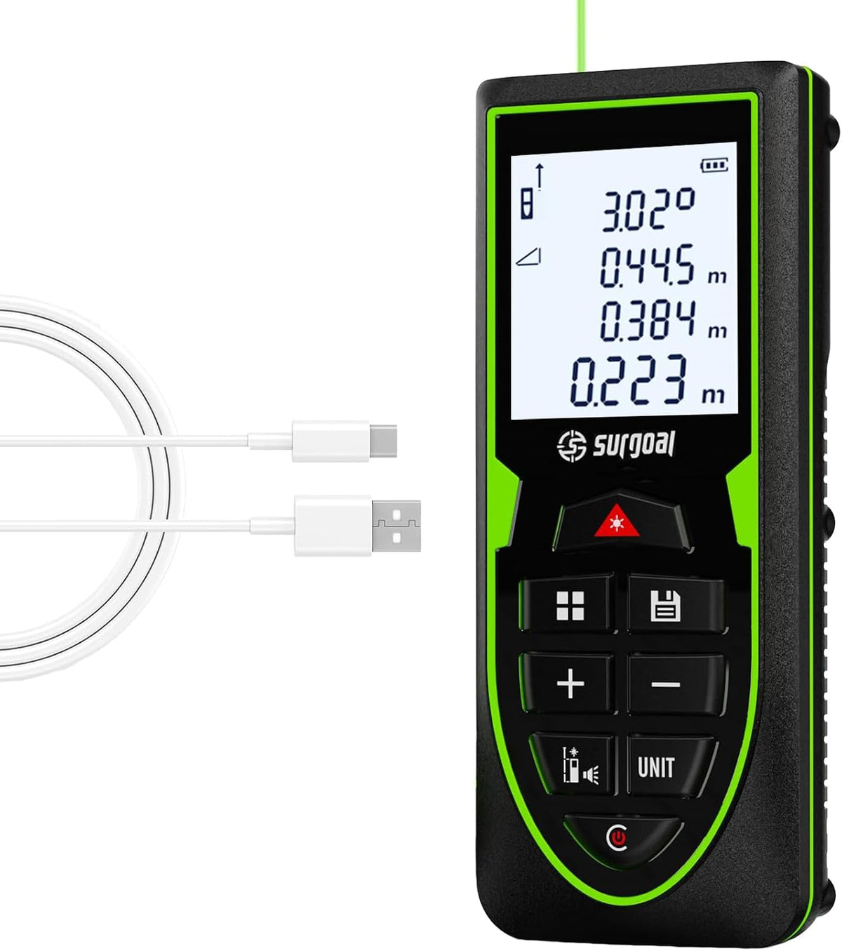 Green Laser Distance Measure USB-C Rechargeable Live XY Angle Sensor | High-Accuracy, Area / Volume / Pythagorean, Ft/In/Ft+In/M Unit Switching, Compact, Home DIY Woodworking Indoor Projects Gift