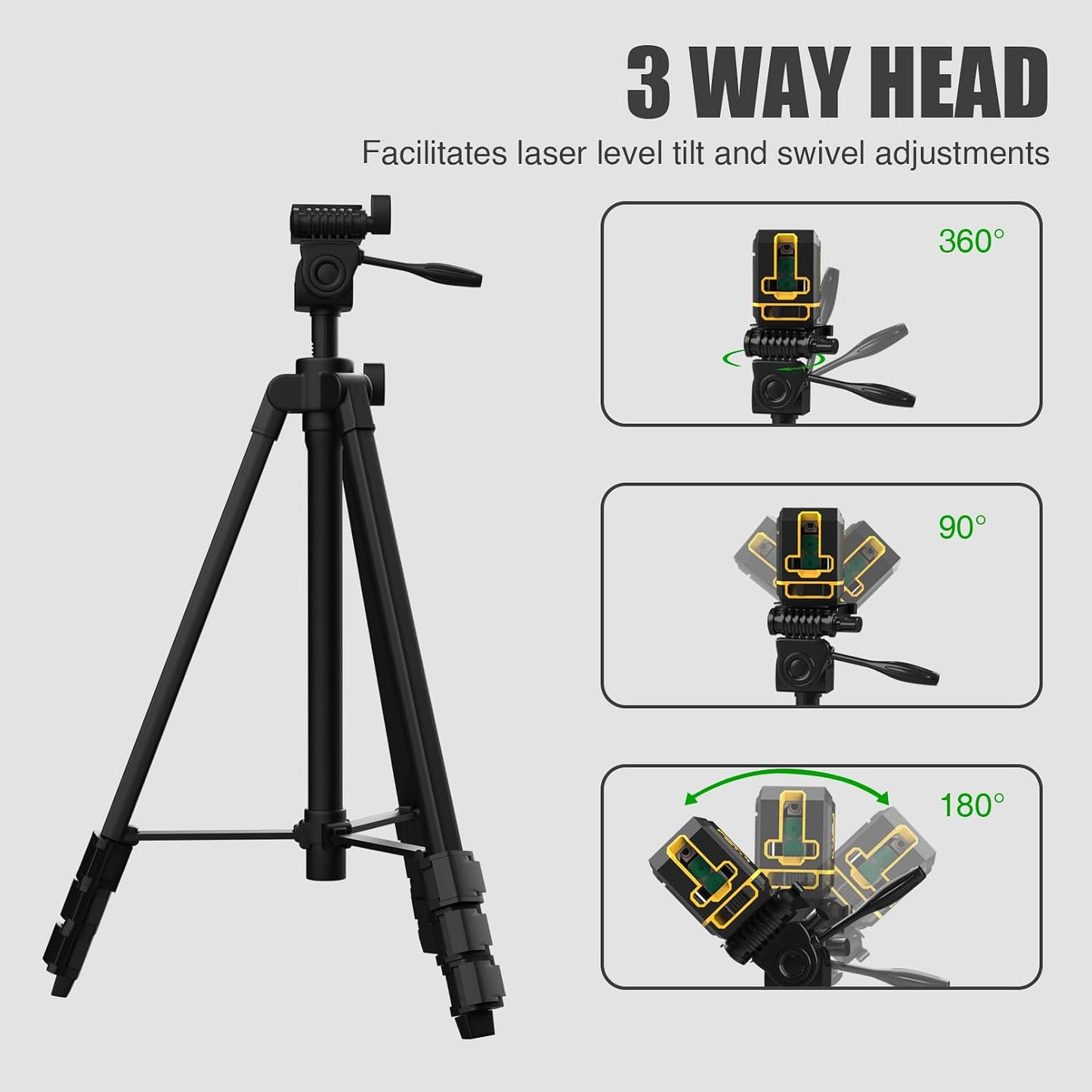 55" Aluminum Tripod for Laser Level, Bubble Level, 1/4" QR Plate, Compact | 18"-55", 1.2lb, 3D Pan Head. Flip Lock, Rubber Feet, Carry Bag, 1/4"-20 Mount Fits Most Laser Measuring Tools, for Indoor Use