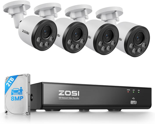 ZOSI 8CH 4K PoE Security Camera System, 4X 8MP Audio Metal Cams, 2TB HDD