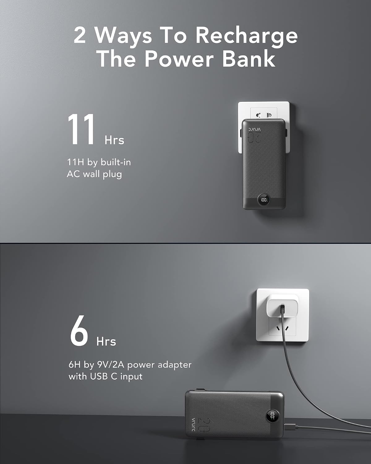 VRURC Portable Charger 20000mAh, Fast Charging Power Bank USB C,4 Output 2 Input Travel Essentials Charging Bank Equipped with LED Display,Built-in Wall Plug and Cables,Phone Charger Battery,Black