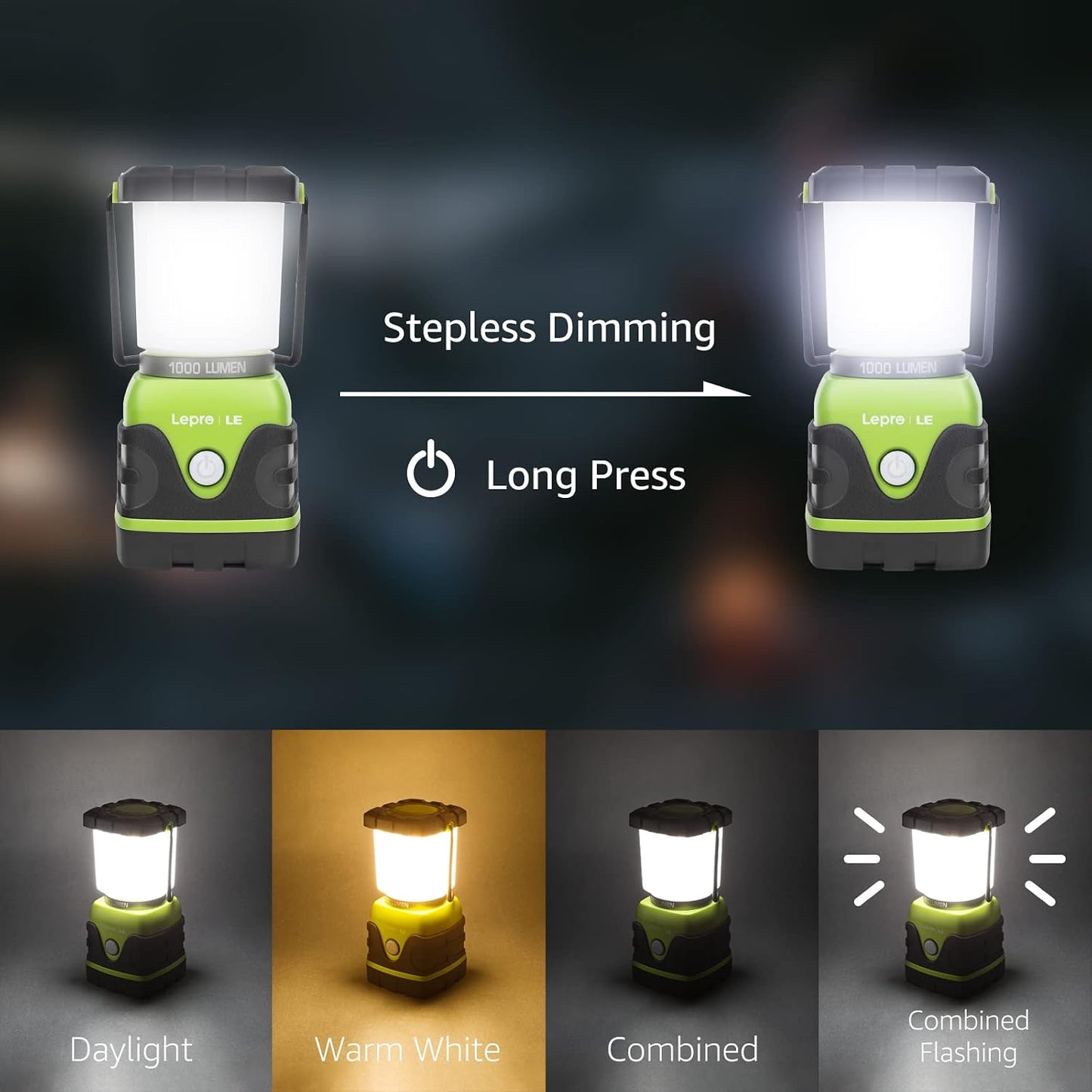 Lepro 1000LM Battery Powered LED Camping Lantern with 4 Light Modes, Green | Tent Light, Camping Essentials, Waterproof Lantern Flashlight for Camping, Emergency Light, Power Outages, Not Rechargeable
