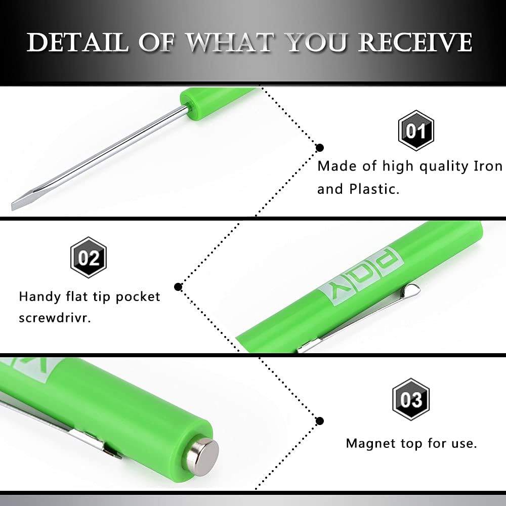10Pcs Mini Pocket Screwdriver with Clip Magnetic Slotted Small Screw Drivers with Flat Head for Mechanical, Electrician (green)