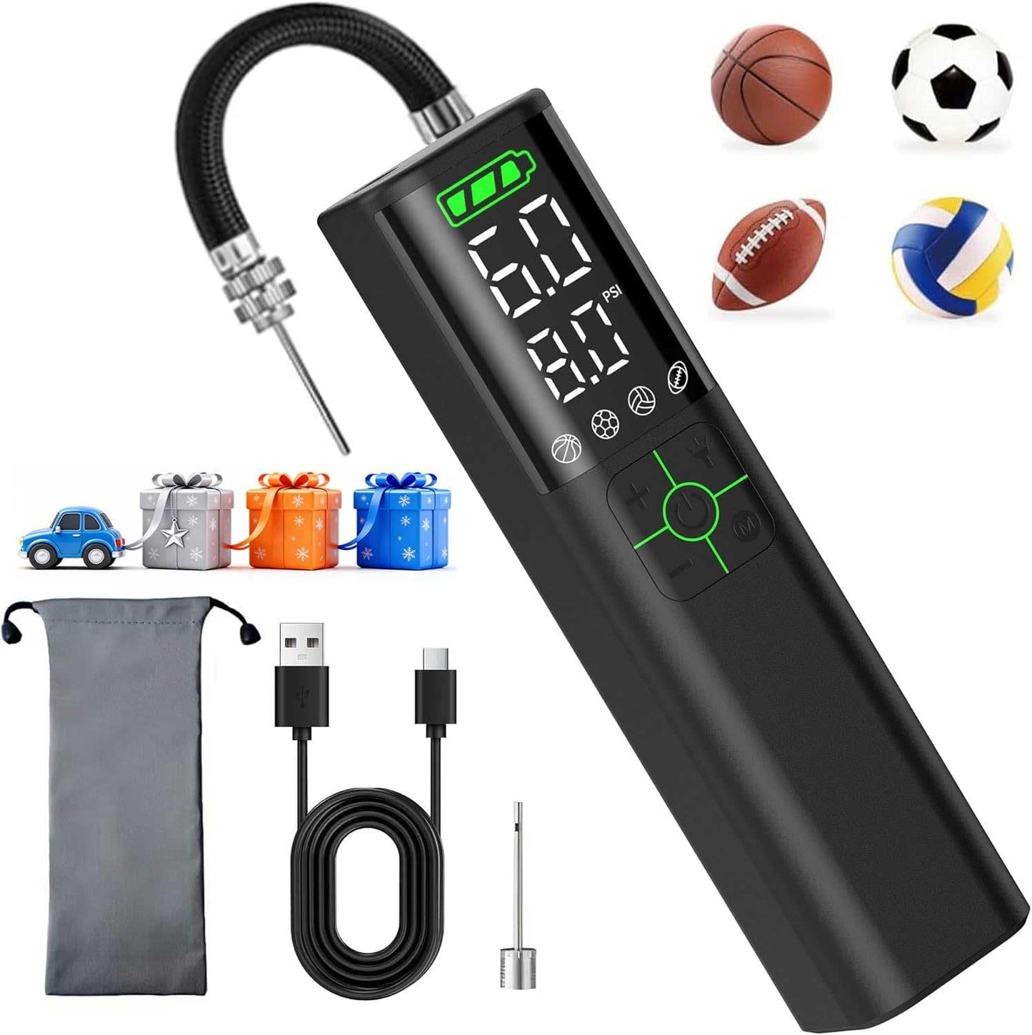 Z10 Electric Ball Pump for Sport Ball,2000mAh 15 PSI Portable Automatic Air Pump Fast Ball Inflator with 2 Needles,Precise Pressure Gauge for Basketball Football Volleyball Soccer