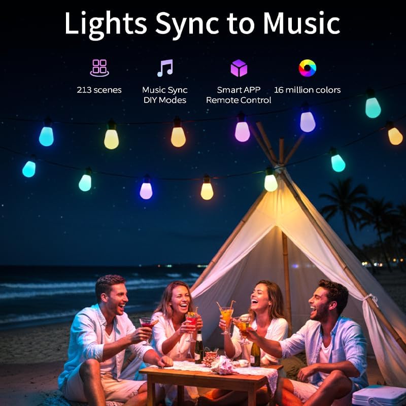 Outdoor String Lights S14, Smart Patio Lights with 15 Shatterproof LED Bulbs, APP & Remote Control, 213 Scene Modes, IP67 Waterproof for Garden, Wedding, Party, Camping