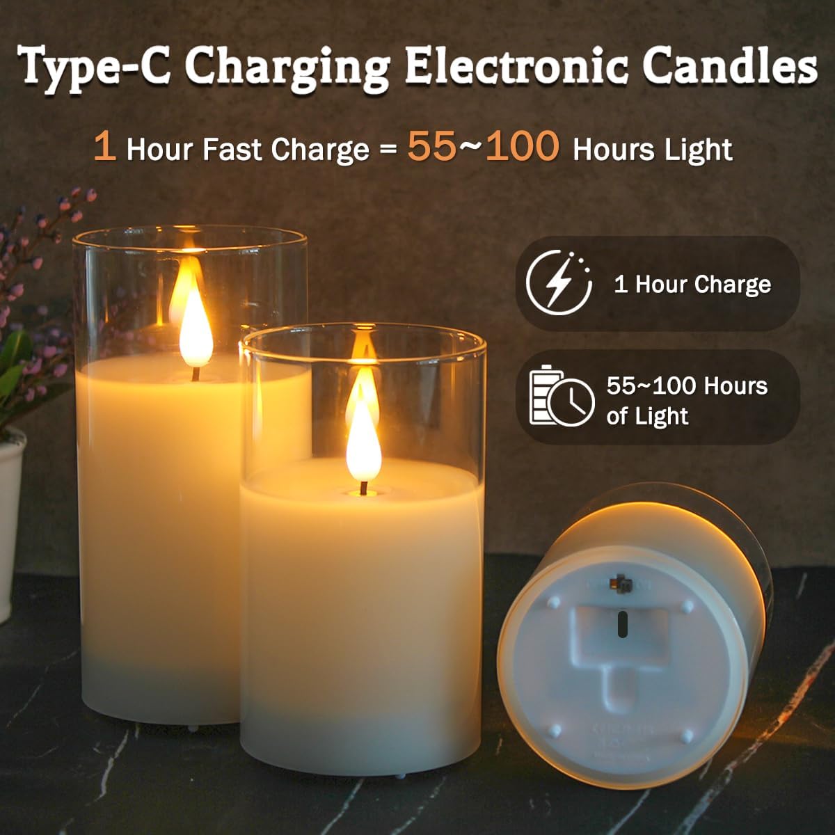 Glass Rechargeable LED Flickering Flameless Candles with Remote and Timer | Fake Candles Flickering Warm LED Flame for Centerpiece Table Decorations, Halloween, Christmas & Home Fall Decor (Pack of 3)
