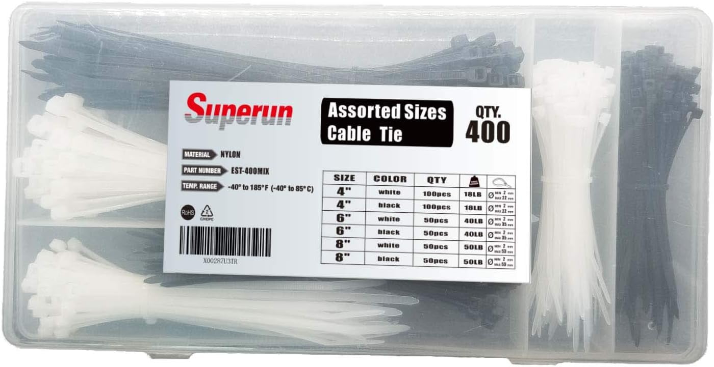 Superun Zip Tie Kit - 400 Pack Zip Ties Assorted Sizes 4 Inch, 6 Inch, 8 Inch Mix Pack in Black & White Wire Ties assortment… | Self-locking,Zip Tie Kit packed in case,Assorted Cable Ties 4 inch 6 inch 8 inch Mix Pack，Heavy duty,For indoor and outdoor