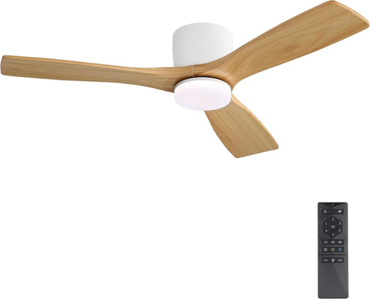 WINGBO 48 Inch Flush Mount DC Ceiling Fan, 3CCT Dimmable Light, 3 Carved Wood Blades, 6-Speed Noiseless Reversible DC Motor, Low Profile Fan, Gloss White Finish with Natural Wood Blades, ETL Listed