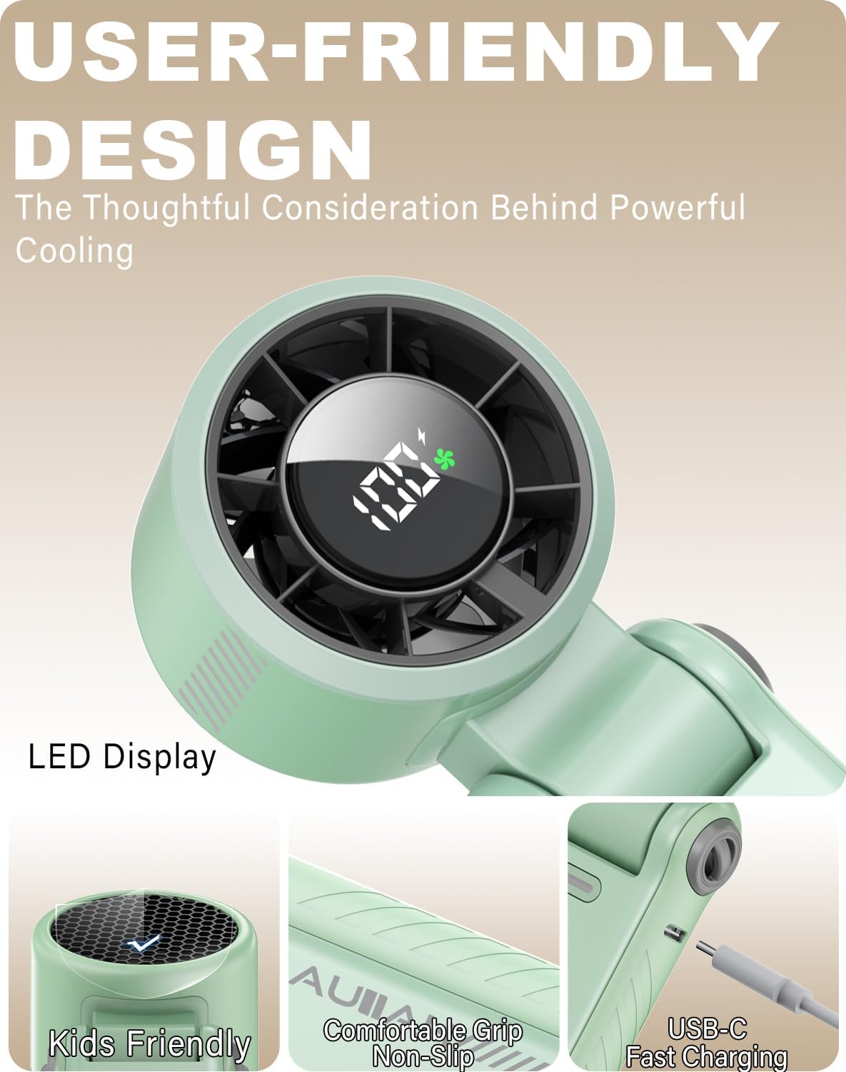 Portable Handheld Turbo Fan - 5 Speed Mini Personal Fan with Strong Airflow, Foldable 3 in 1 Rechargeable Battery Operated Trave Essentials Hand Fans for Indoor/Outdoor Use, Green