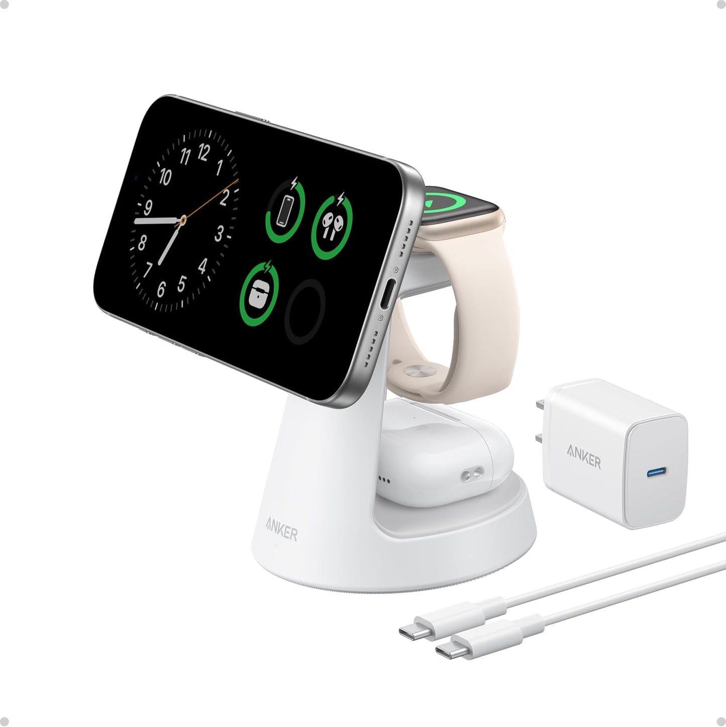 Anker MagSafe Charger Compatible, MagGo 3-in-1 Qi2 15W Charging Station | Wireless Charger, Magnetic Charging Stand for iPhone 17 / 16 / 15 Series, Apple Watch, AirPods, and More (Adapter Included)