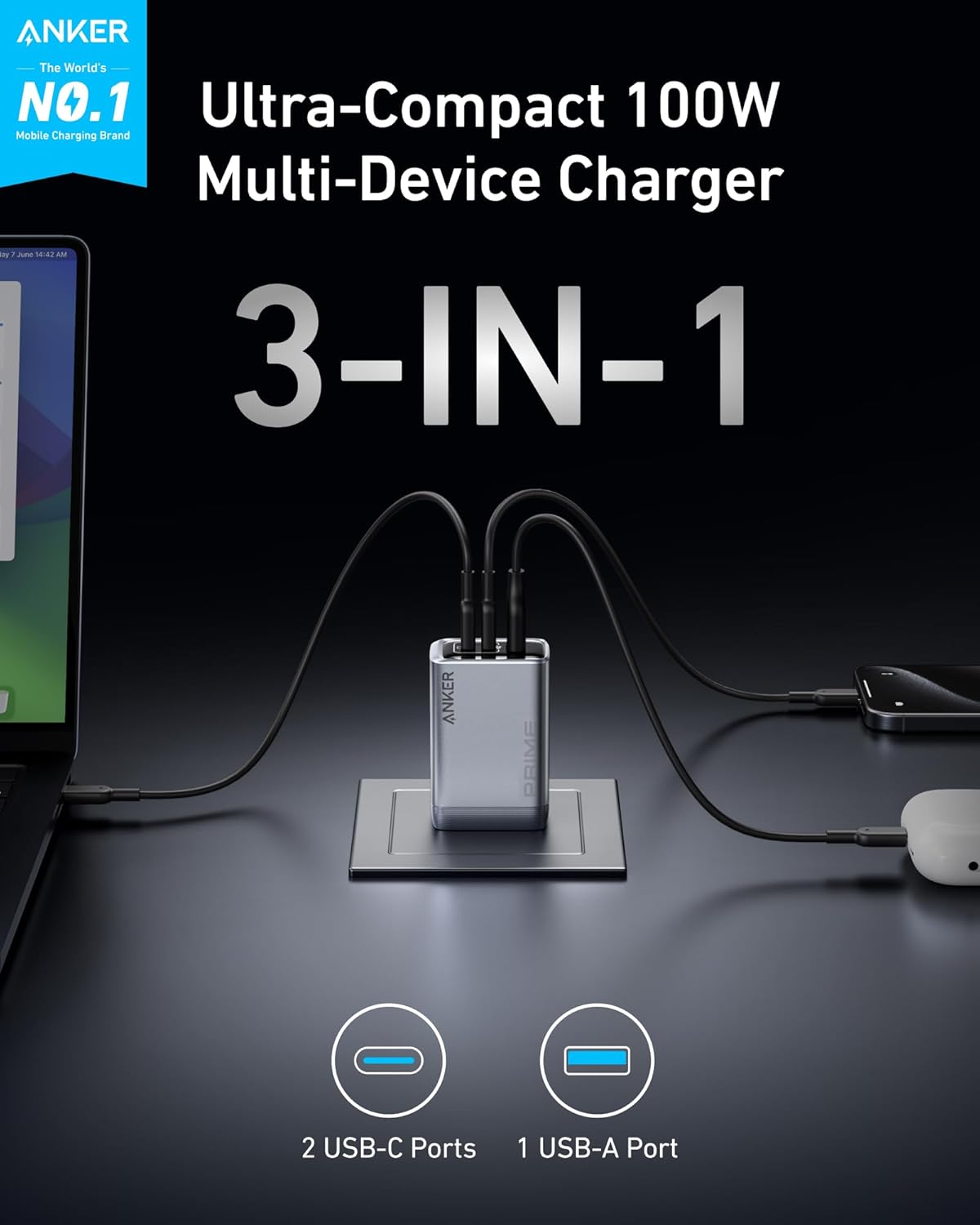 Anker Prime Charger, 100W Max 3-Port Compact Foldable USB C Charger | Fast Laptop Charger Power Adapter for MacBook Pro/Air, iPad Pro, iPhone 17/16/15 Series, Galaxy S25/S24,and More