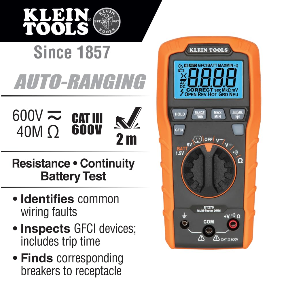 Klein Tools ET270 Auto-Ranging Digital Multi-Tester, AC/DC, Resistance, Continuity, GFCI Receptacle Tester with Test Leads and Receptacle Cord