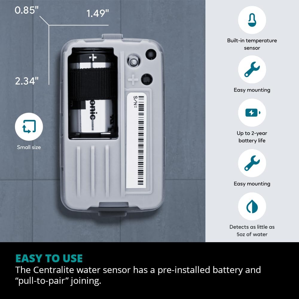 Centralite by Ezlo Water Sensor - Monitors Your Whole Home for Leaks - Detects Water Leaks in a Kitchen, Bathroom, Basement or Laundry Room - Zigbee
