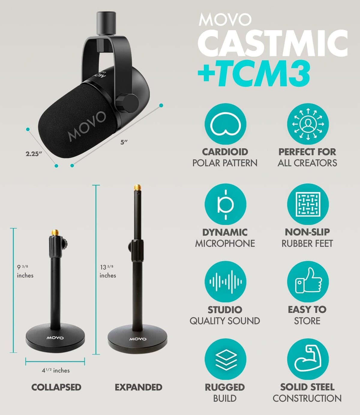 Movo Portable Podcast Equipment Bundle for iPhone/Android Phones- Podcast Kit with Audio Interface, 2 CastMic Dynamic Mics, 2 Stands - For Smartphones, Computers (with Desk Stands and Headphones)