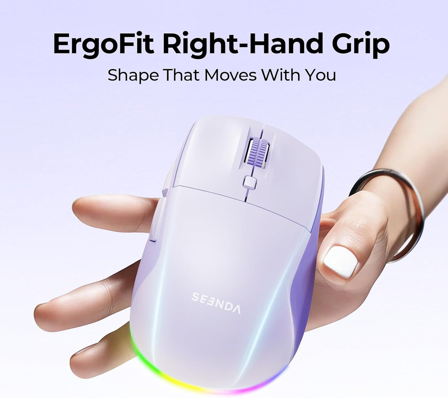 seenda MOU110 Wireless Bluetooth Mouse, Rechargeable & RGB, Purple | 2.4G USB & Bluetooth, Silent, 3-Level DPI, Right-Hand Ergonomic Mouse for Laptop, iPad, MacBook, Desktop Work & Casual Gaming